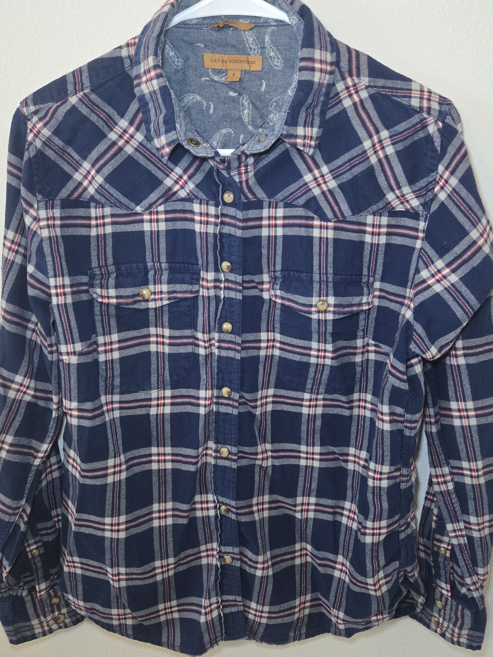 JACHS Girlfriend Navy Plaid Button-Down Shirt with Red & White Stripes